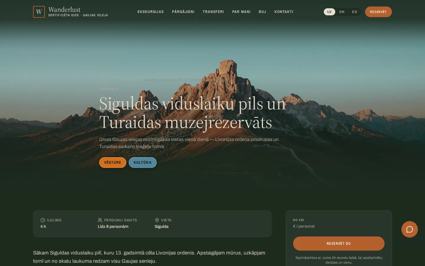 Ekskursijas lapa ar ilgumu, grupas lielumu un rezervēšanas pogu