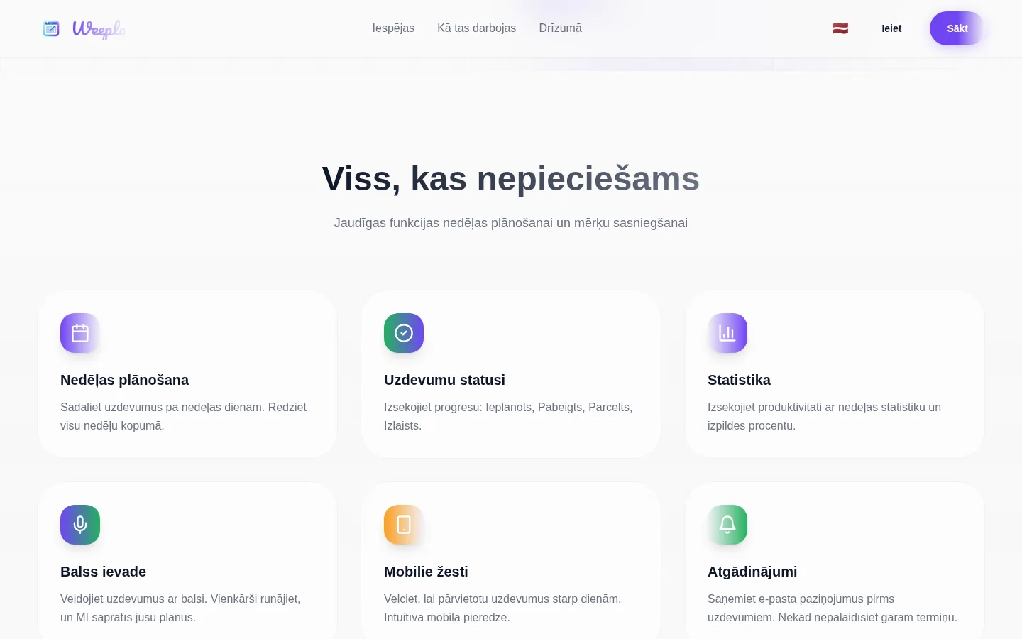 Weepla iespēju saraksts: nedēļas plānošana, statusi, statistika, balss ievade